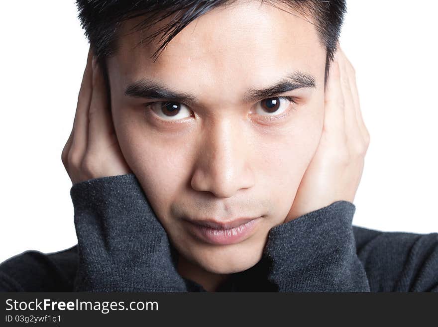 Man covering his ears, mouth and eyes on white background. Man covering his ears, mouth and eyes on white background