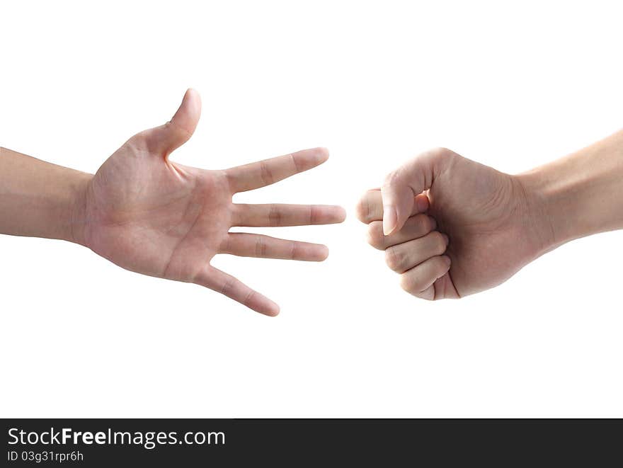 The fighting of two hand with rock and paper symbol isolated