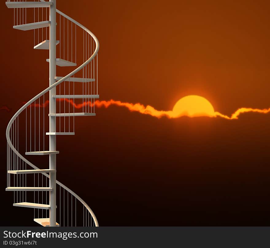 Spiral stairway in a dramatic sunset lighting with clouds and sun. Spiral stairway in a dramatic sunset lighting with clouds and sun