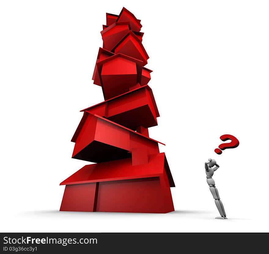 Super high resolution 3D illustration of mannequin staring at tall stack of red houses with question mark overhead. Super high resolution 3D illustration of mannequin staring at tall stack of red houses with question mark overhead.