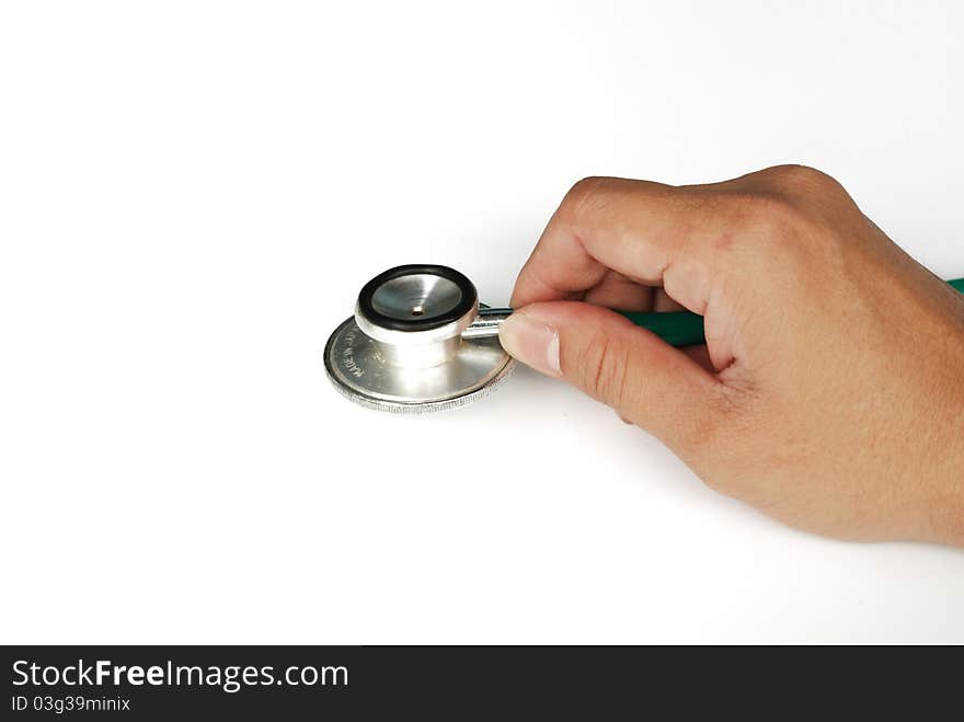 Doctor hand with stethoscope isolated on white background