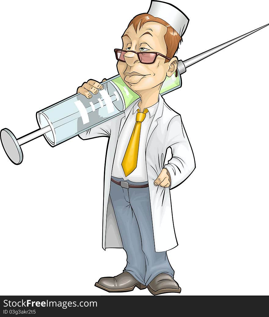 Vector illustration of cartoon doctor with a huge syringe in hand. this image is completely editable. Vector illustration of cartoon doctor with a huge syringe in hand. this image is completely editable