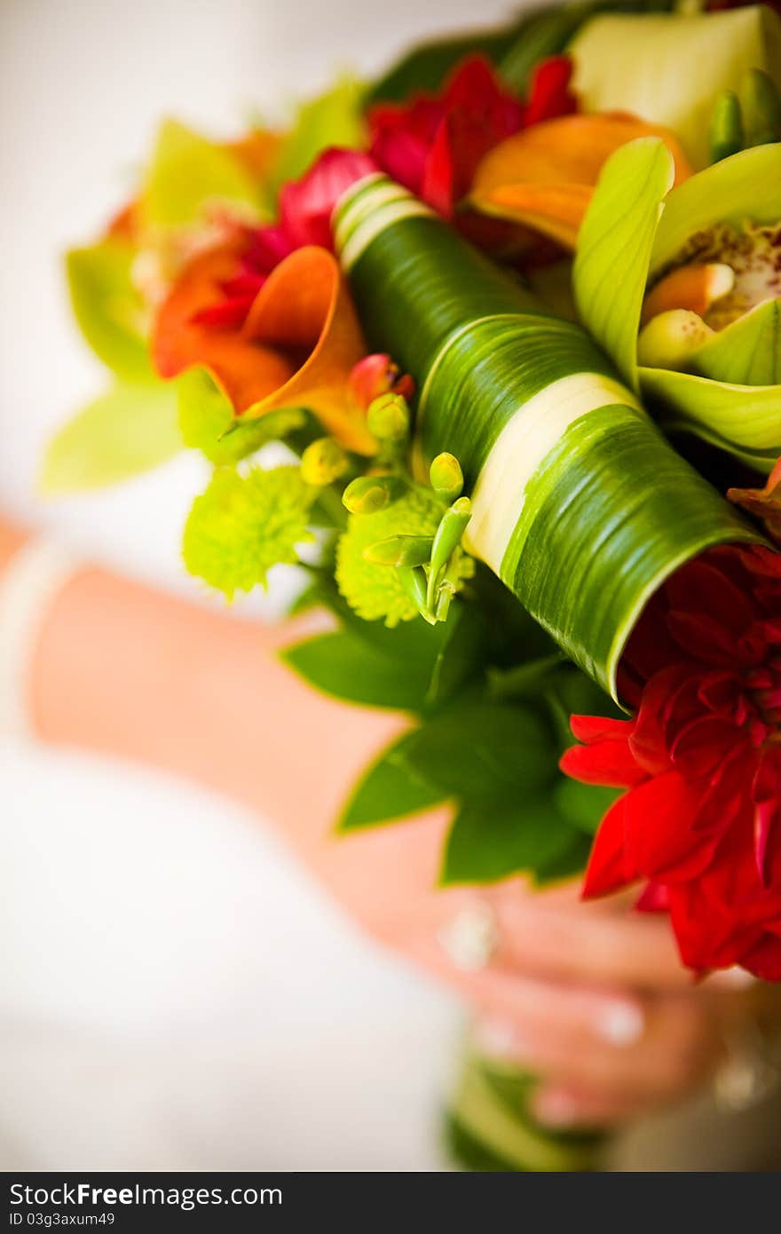 A closeup of a bright wedding bouquet