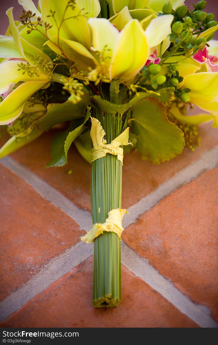 A closeup of a bright wedding bouquet