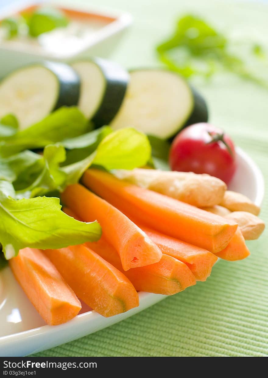 Platter of assorted fresh vegetables with dip. Platter of assorted fresh vegetables with dip