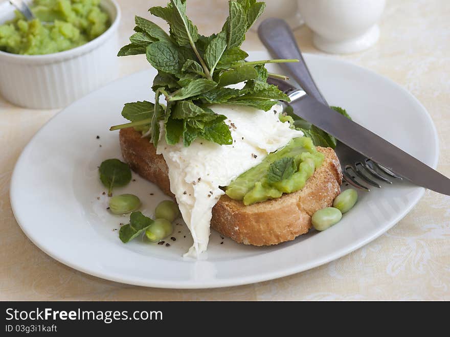 Toasted bread with buffallo mozzarella, mushy peas and broad beans