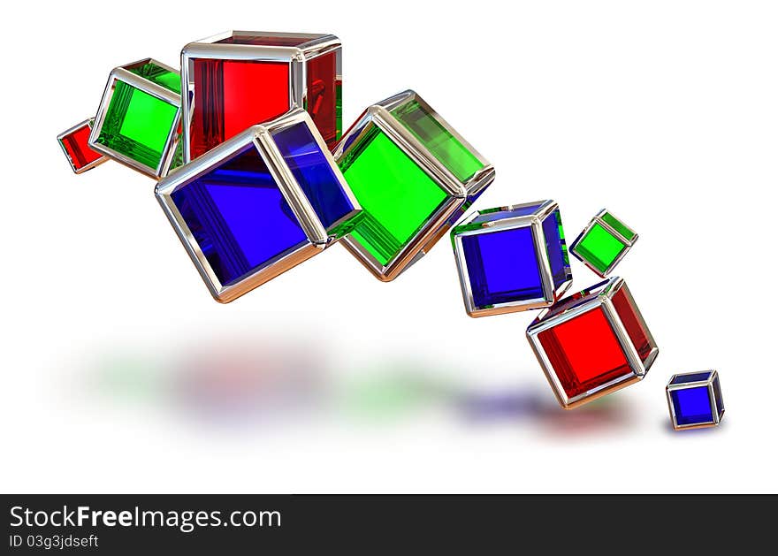 Red, blue and green glass cubes in a metal frame