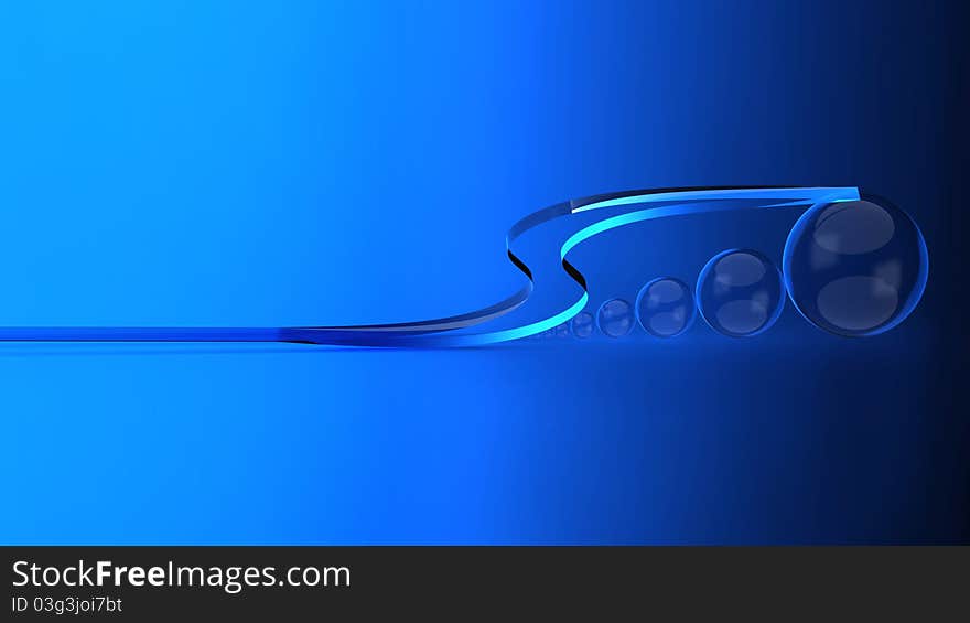 Glass beads of various sizes under the curved decorative glass on a blue background. Glass beads of various sizes under the curved decorative glass on a blue background