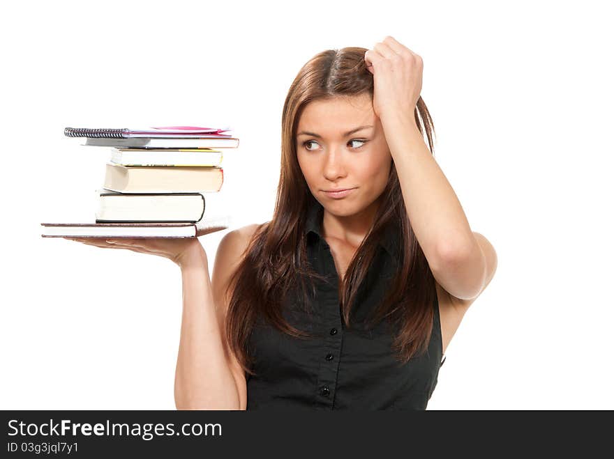 Brunette woman student hold books, textbooks, notebook, homework study assignment isolated on white background