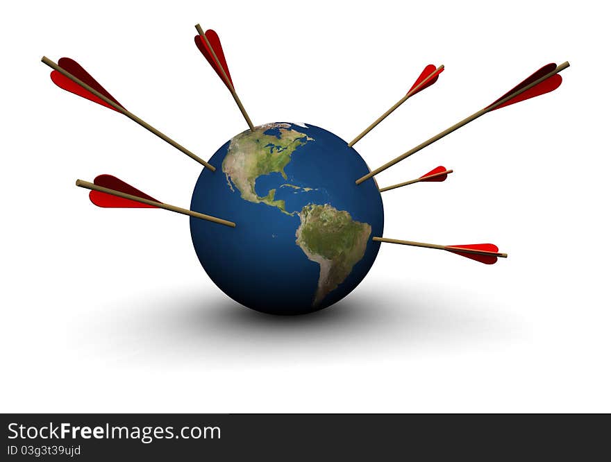 High resolution 3D illustration of Earth with arrows sticking out from the sides. Camera angle on the Americas. Created using public domain maps from the USGS (http://www.usgs.gov). High resolution 3D illustration of Earth with arrows sticking out from the sides. Camera angle on the Americas. Created using public domain maps from the USGS (http://www.usgs.gov).