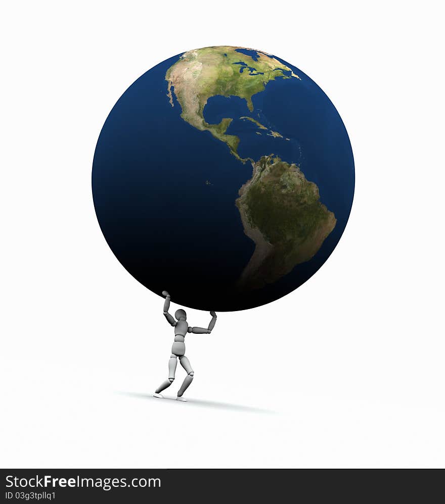 High resolution raytraced 3D render of Earth globe being lifted by a mannequin. This is the Americas version. High resolution raytraced 3D render of Earth globe being lifted by a mannequin. This is the Americas version.