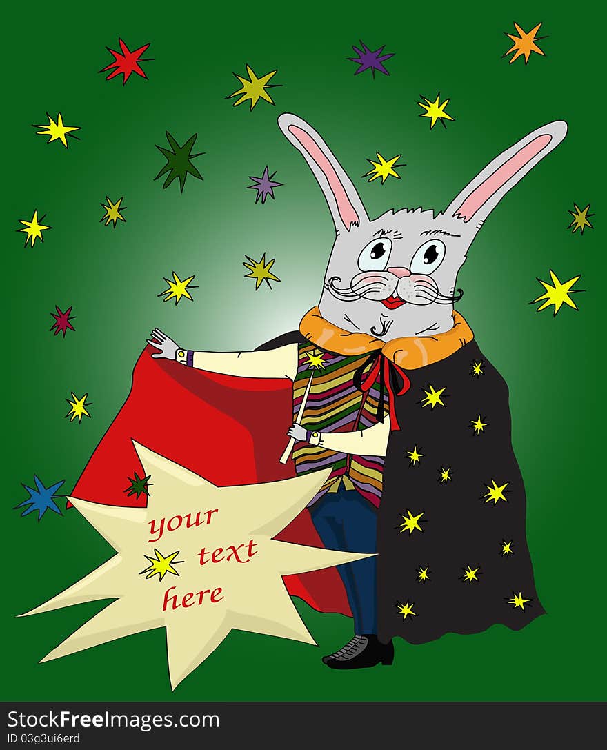 Cartoon magic rabbit in a black raincoat of the conjurer with stars, a striped vest and a magic wand against stars with place for your text. Cartoon magic rabbit in a black raincoat of the conjurer with stars, a striped vest and a magic wand against stars with place for your text