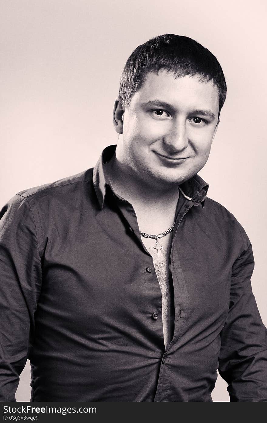 Cheerful man in shirt  black and white