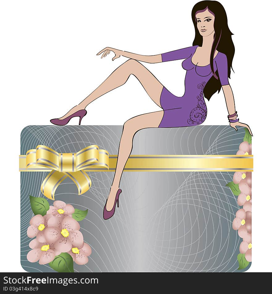 Girl sitting on a gift card. Girl sitting on a gift card