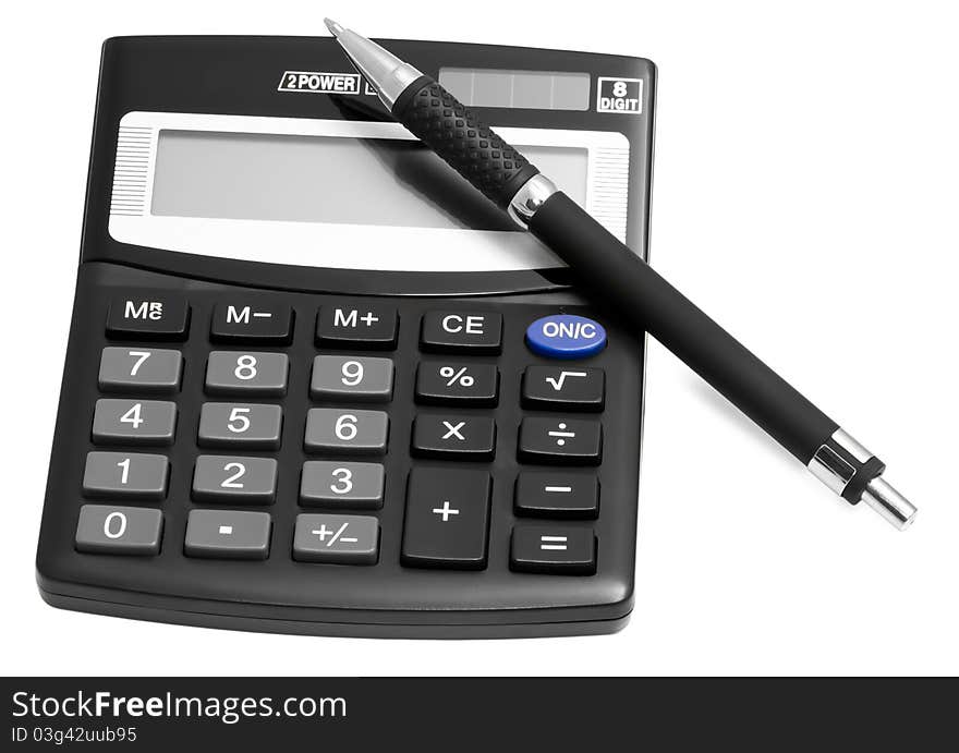 Black calculator with pen isolated on white