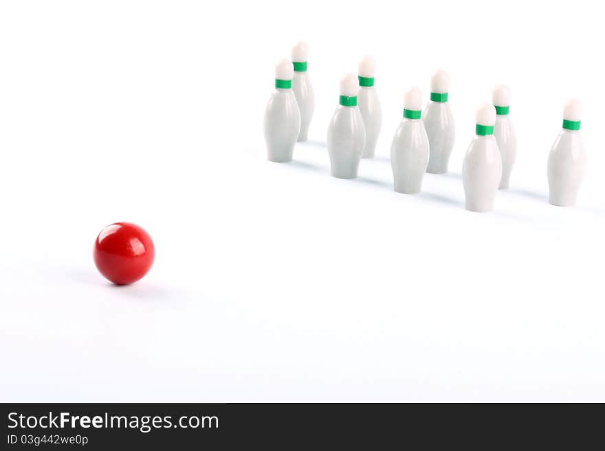 Nine bowling pins close up