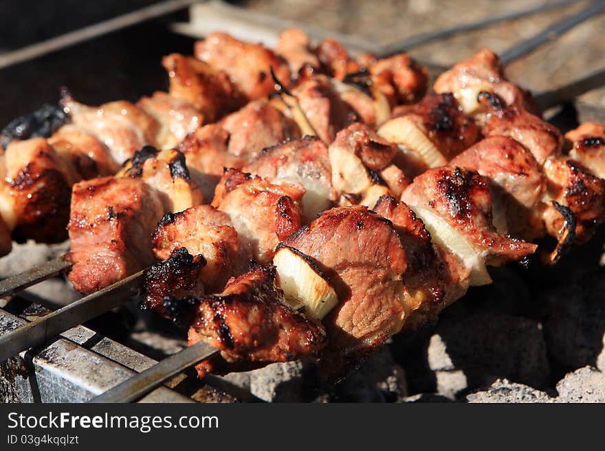 Home made sashlik cooking on the barbecue grill