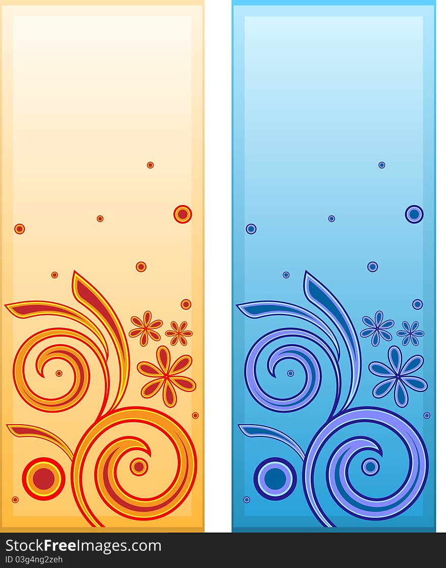 Two vertical label with floral swirl warm and cold colors. Two vertical label with floral swirl warm and cold colors