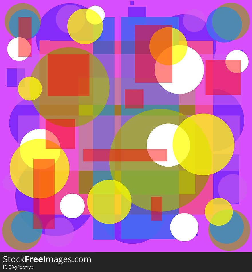 Colored translucent circles, squares and rectangles on several layers, one on top of the other thus producing different shades and tones of color. Colored translucent circles, squares and rectangles on several layers, one on top of the other thus producing different shades and tones of color.