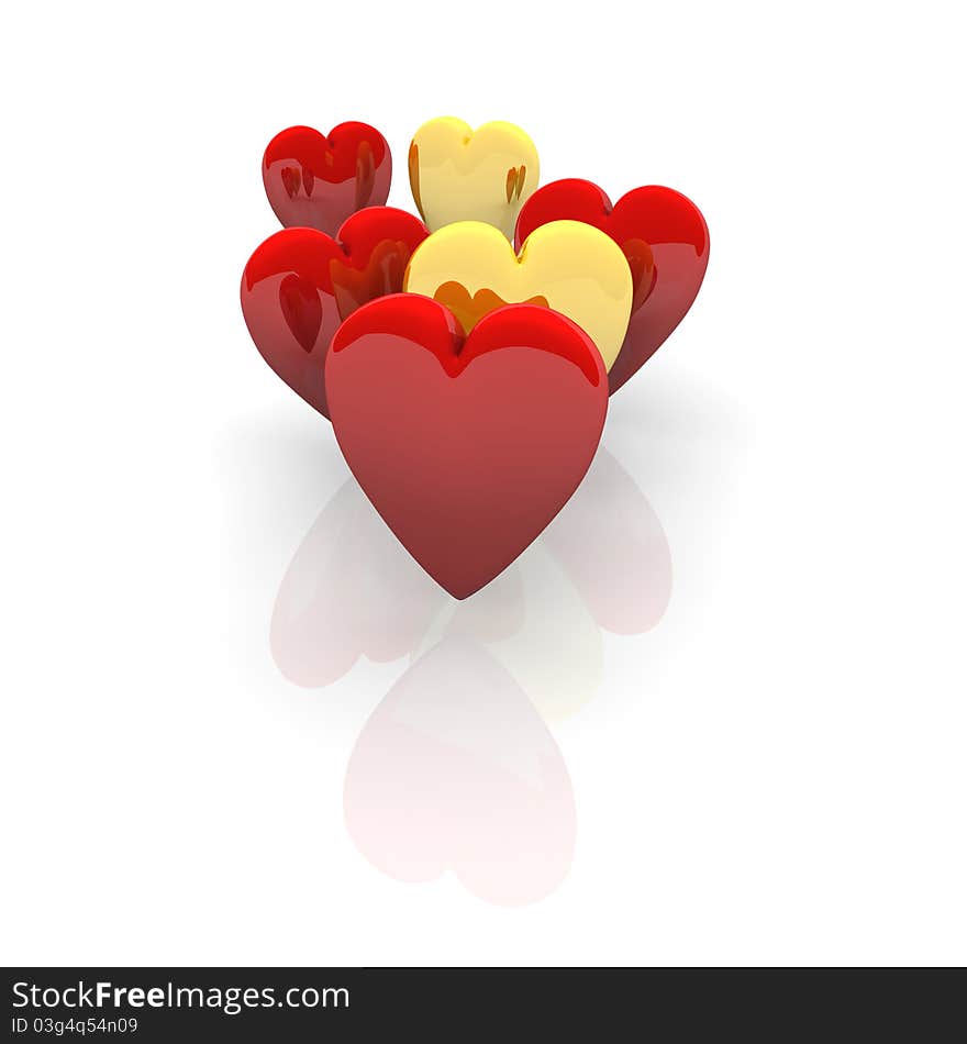 Isolated red and yellow 3d love hearts. Isolated red and yellow 3d love hearts