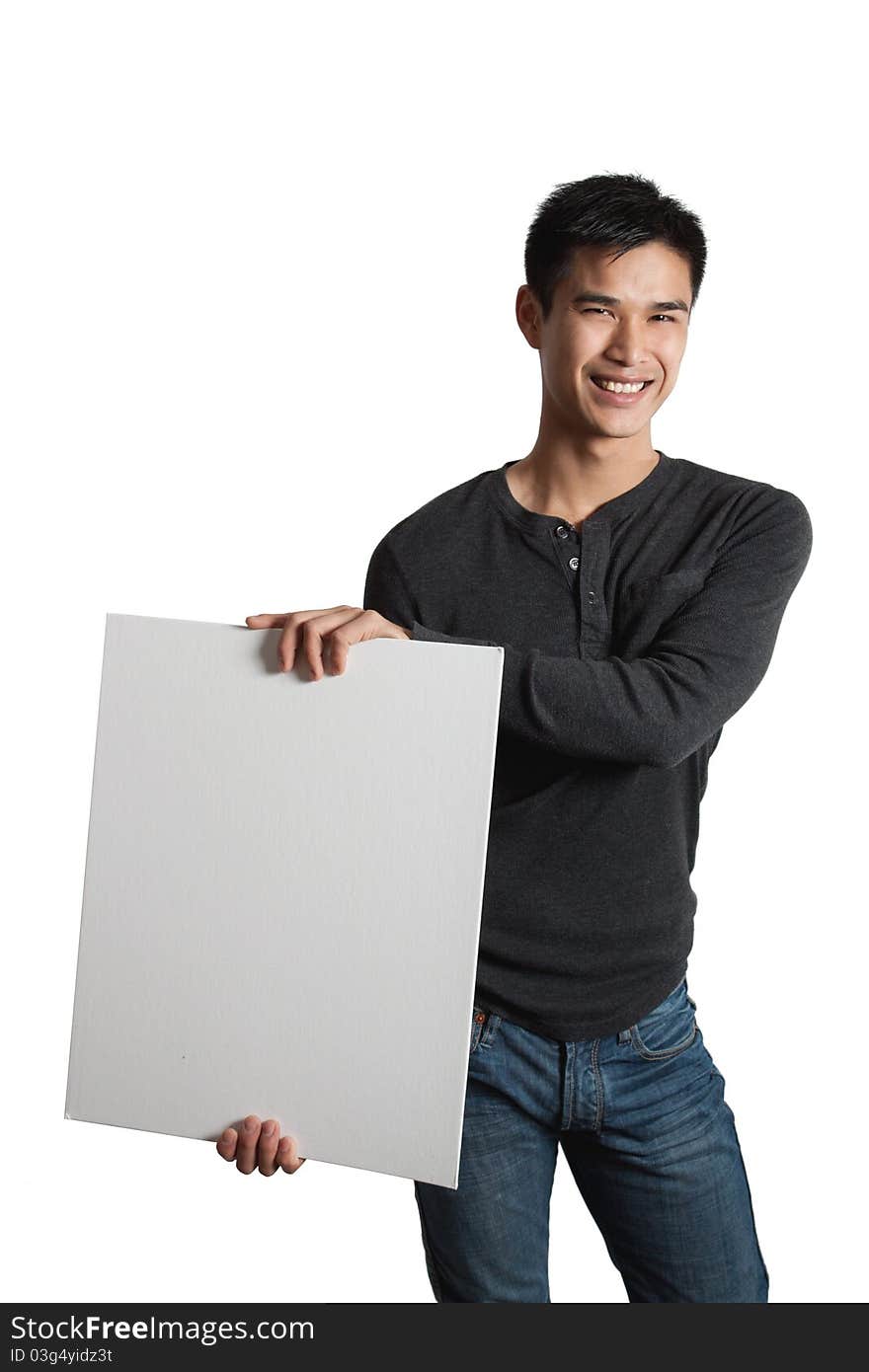 Man holding white sign while standing on white background