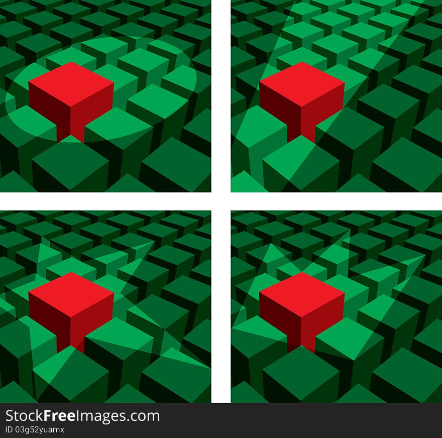 Cubes with different form spotlights (star, circle, crown and way-line)