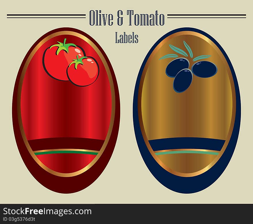 Olive and tomato labels in elliptical form. created illustrator - EPS8