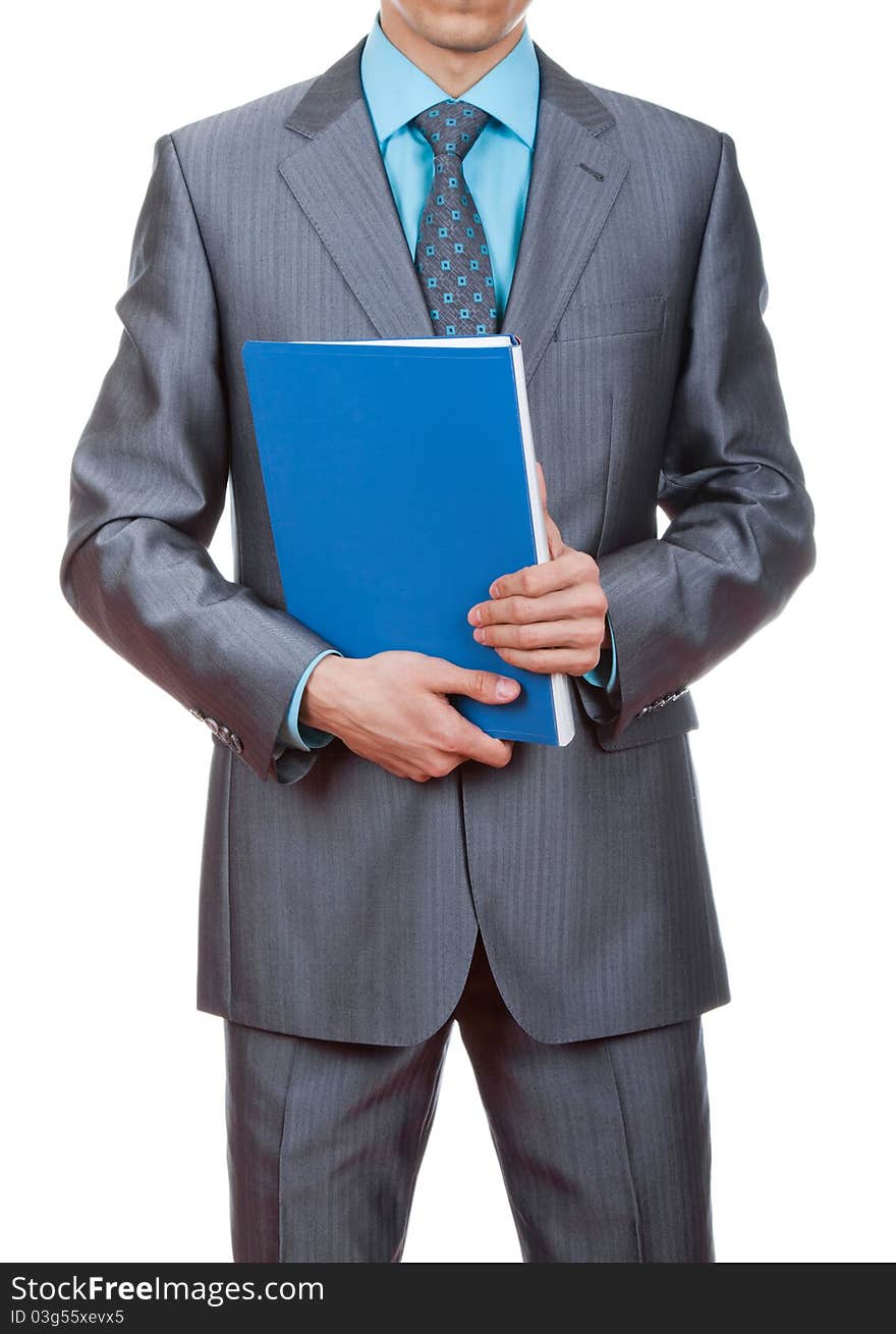 Elegant businessman is holding folders with paperwork isolated on white. Elegant businessman is holding folders with paperwork isolated on white