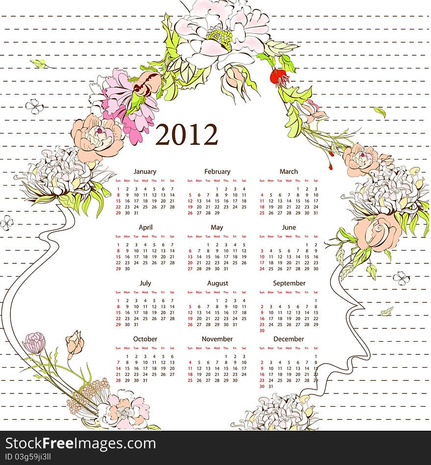 Template for calendar 2012 with flowers