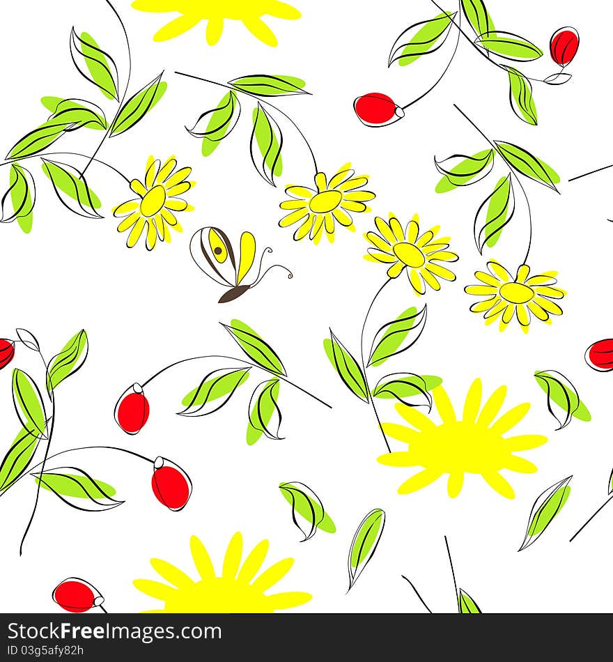 Summer seamless wallpaper with flowers and butterfly