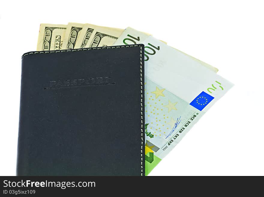 Passport and money, a travelers essential kit, isolated on white background. Passport and money, a travelers essential kit, isolated on white background