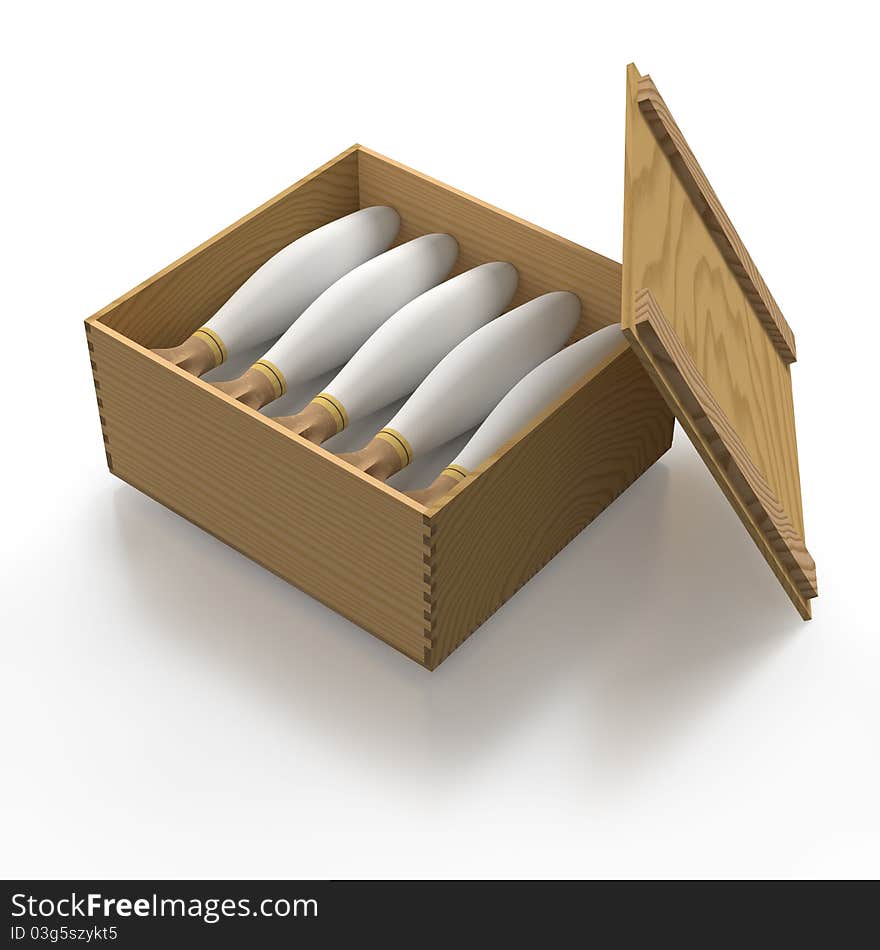 Cigarette bombs in tidy rows in wooden package on white background. Cigarette bombs in tidy rows in wooden package on white background