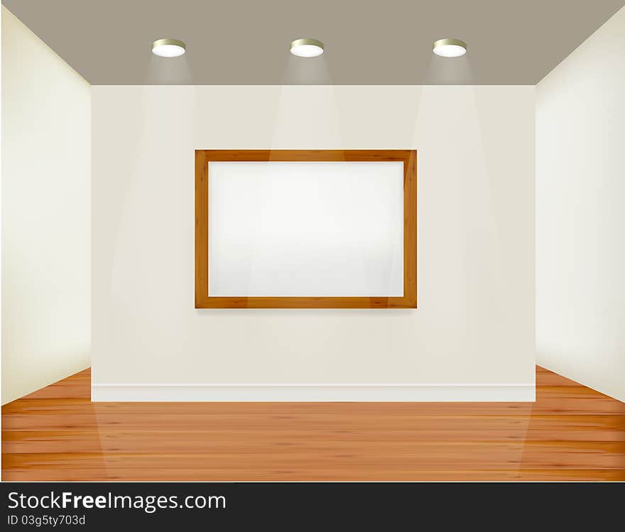 Empty frame on wall with spot lights and wood background. Vector illustration. Empty frame on wall with spot lights and wood background. Vector illustration.