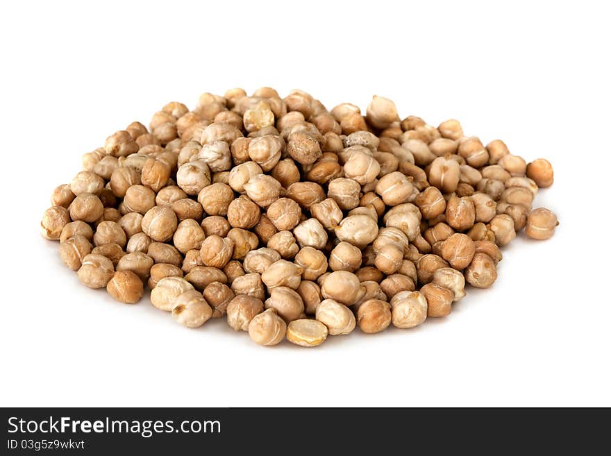 Chick peas in a pile, over white background.