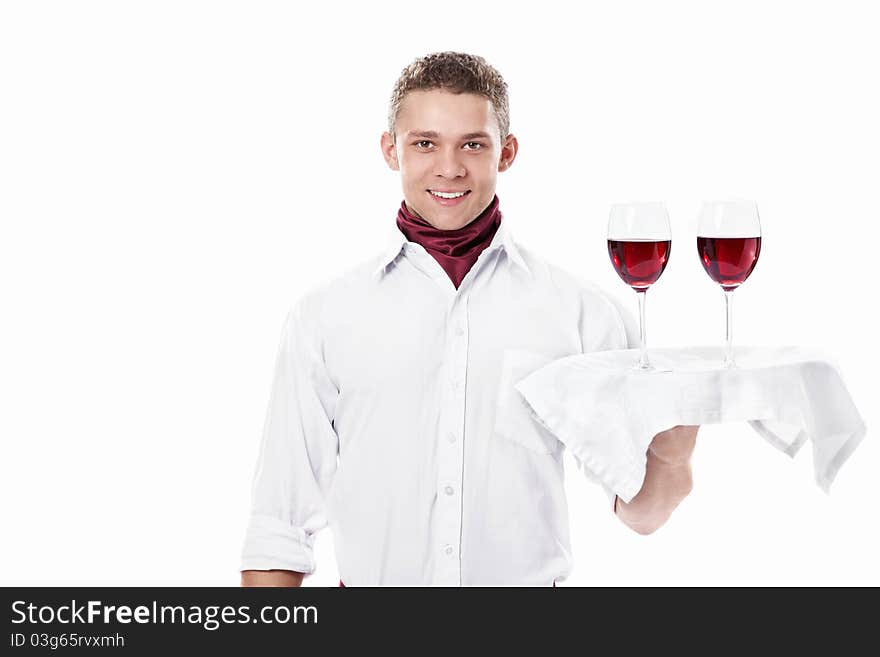 A young attractive waitress on a white background. A young attractive waitress on a white background