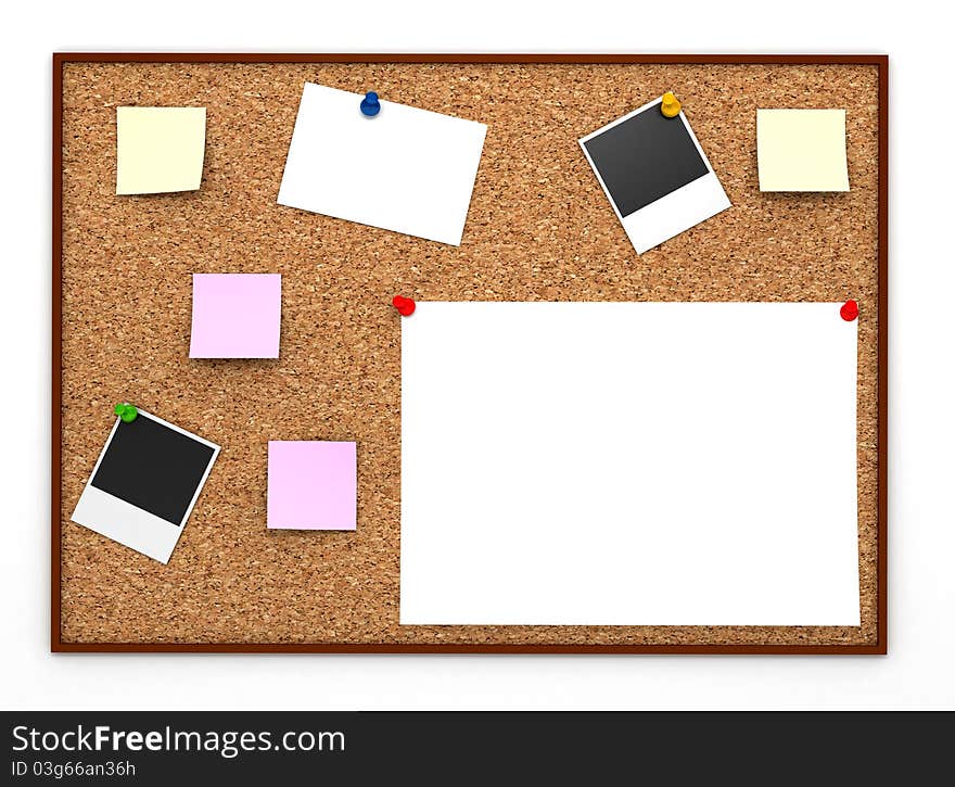 Corkboard with paper sticker. Computer generated image