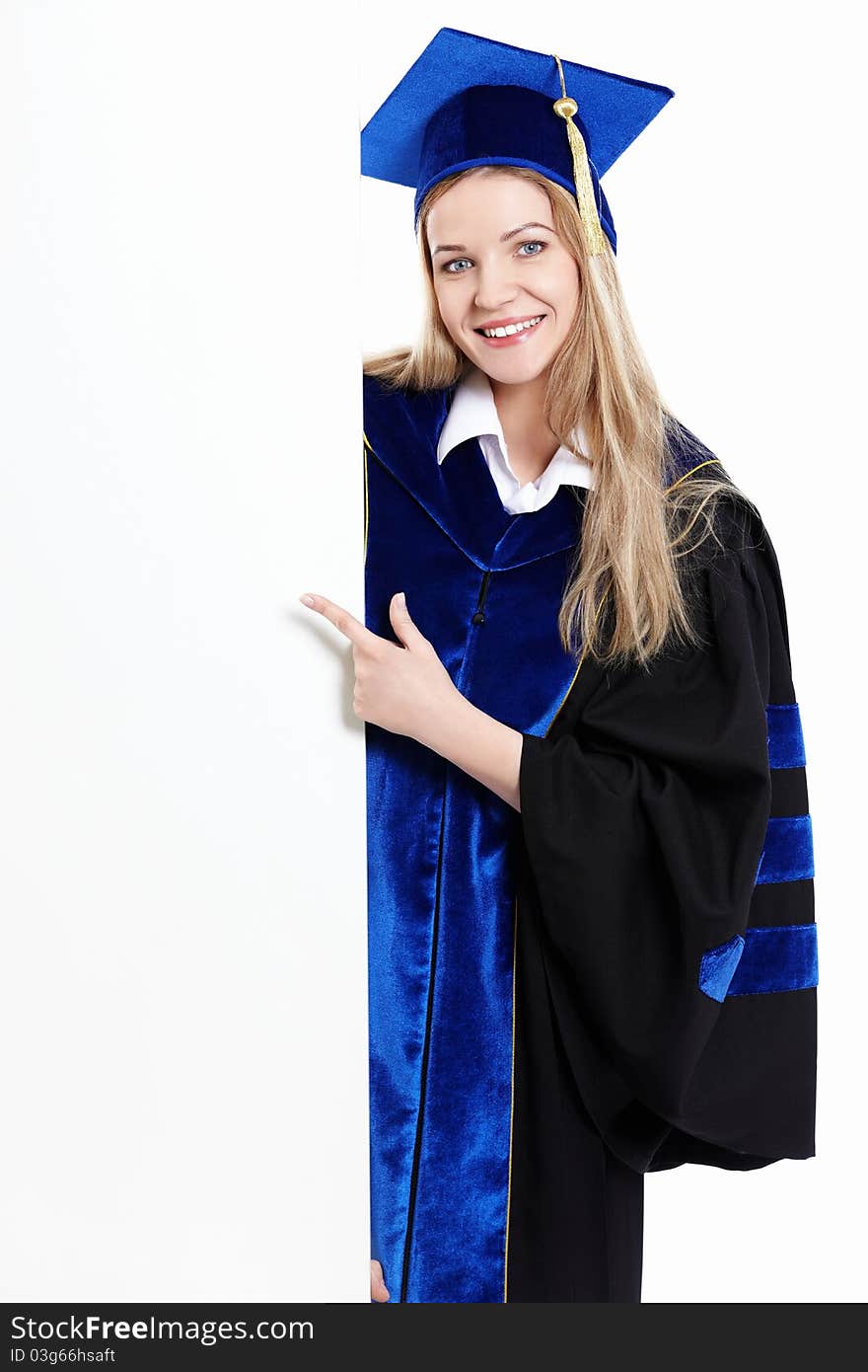 Young student with a billboard on a white background. Young student with a billboard on a white background