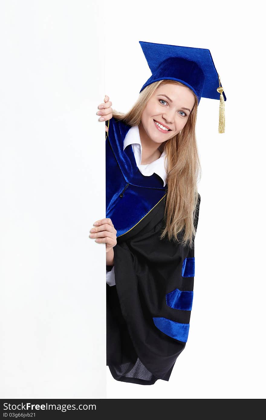 Student with a billboard on a white background. Student with a billboard on a white background