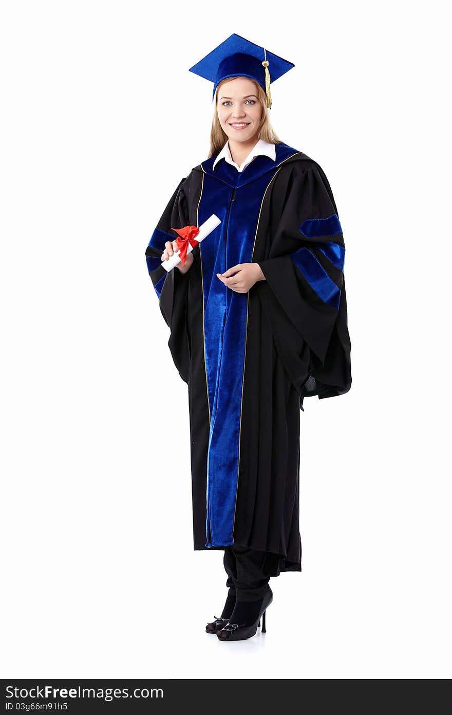 Student with a diploma on white background. Student with a diploma on white background