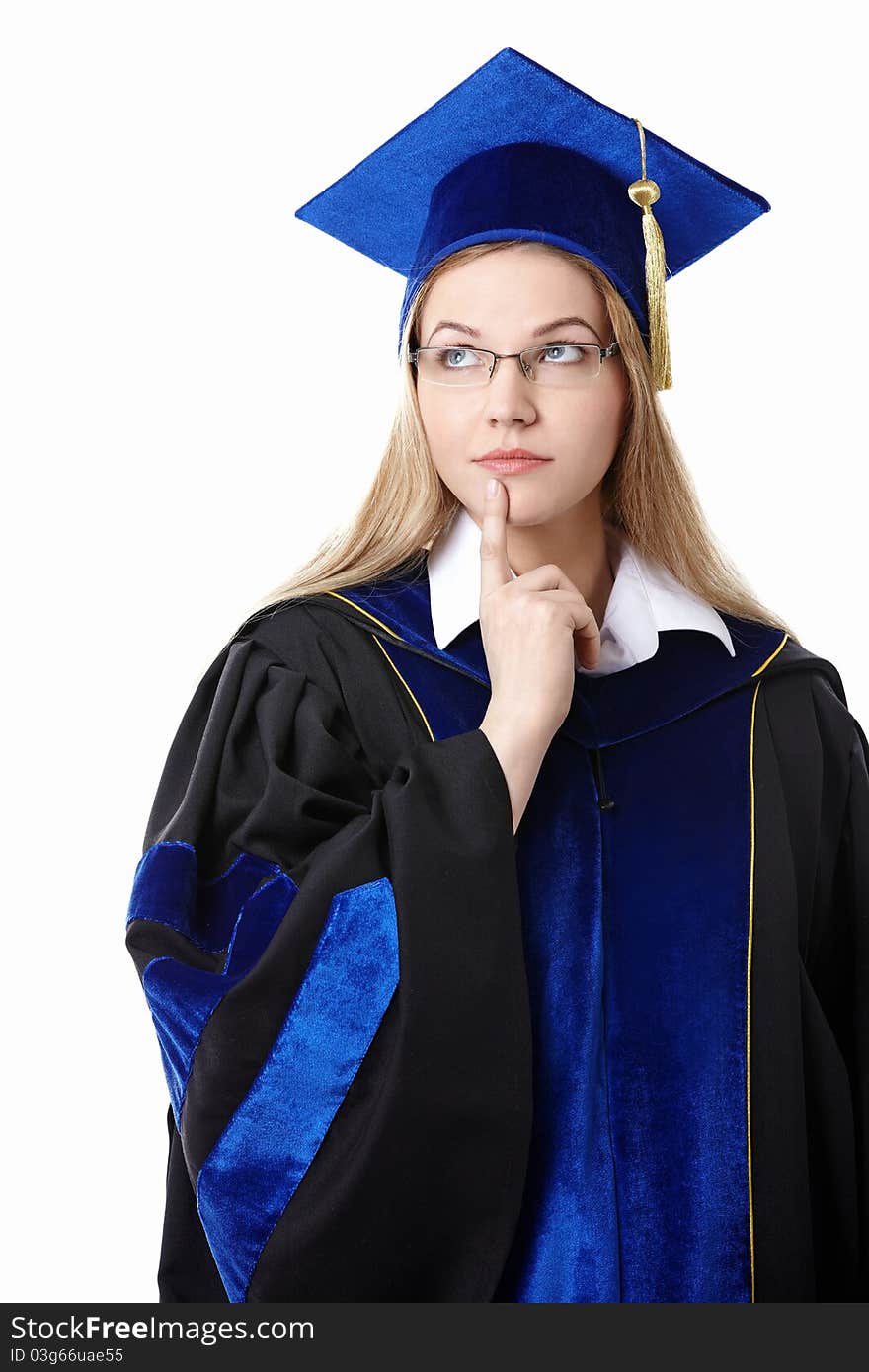 Student in the mantle of thought on a white background. Student in the mantle of thought on a white background