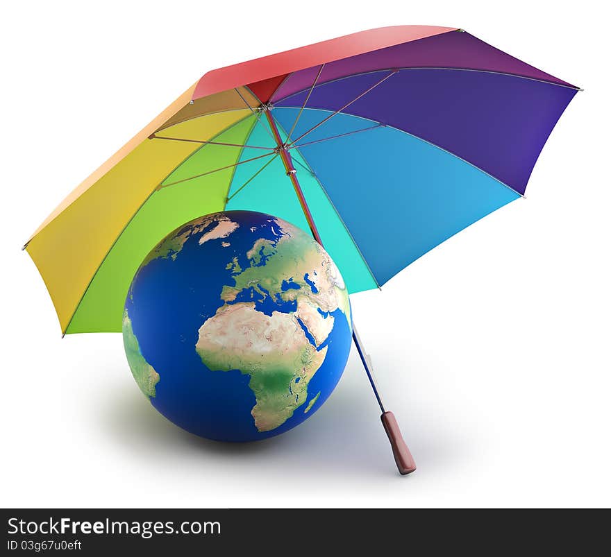 Planet earth under rainbow umbrella (3d render), isolated on white. Planet earth under rainbow umbrella (3d render), isolated on white