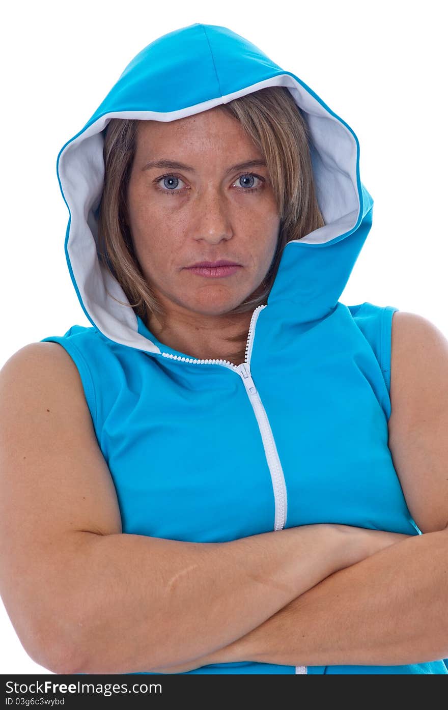 Active blond woman posing over white background. Active blond woman posing over white background