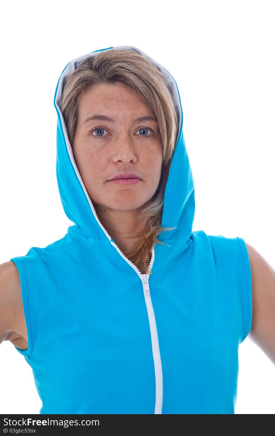 Active blond  woman posing over white background