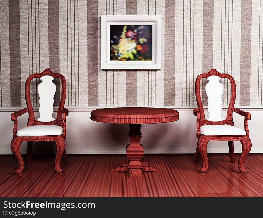 Classic interior design with two chairs and the table