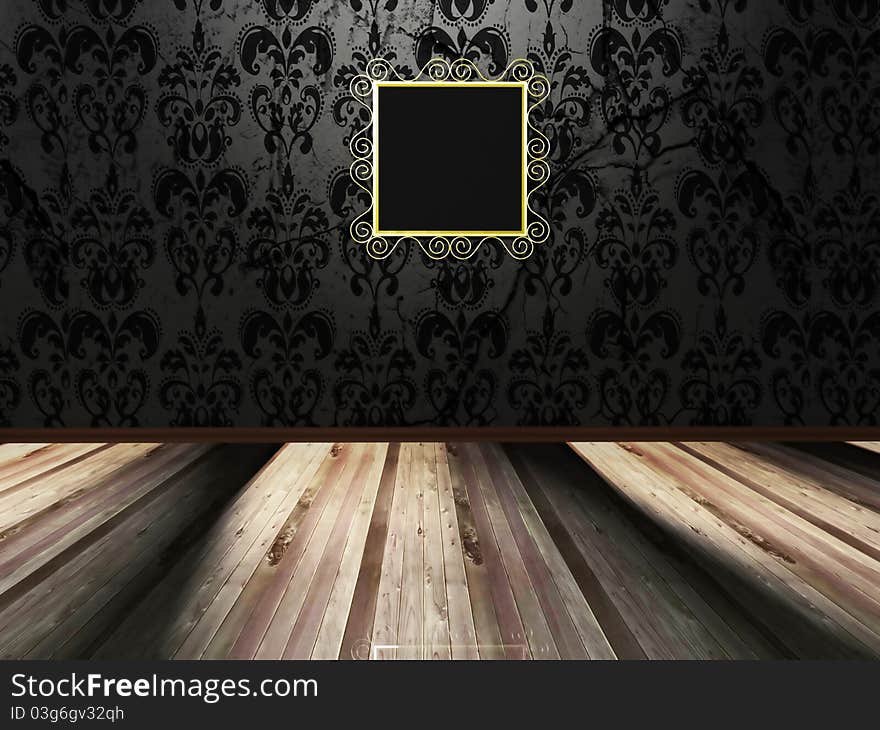 Golden frame on the vintage dark wall