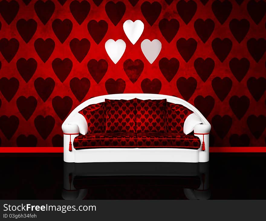 Interior design scene with a nice sofa on the red background