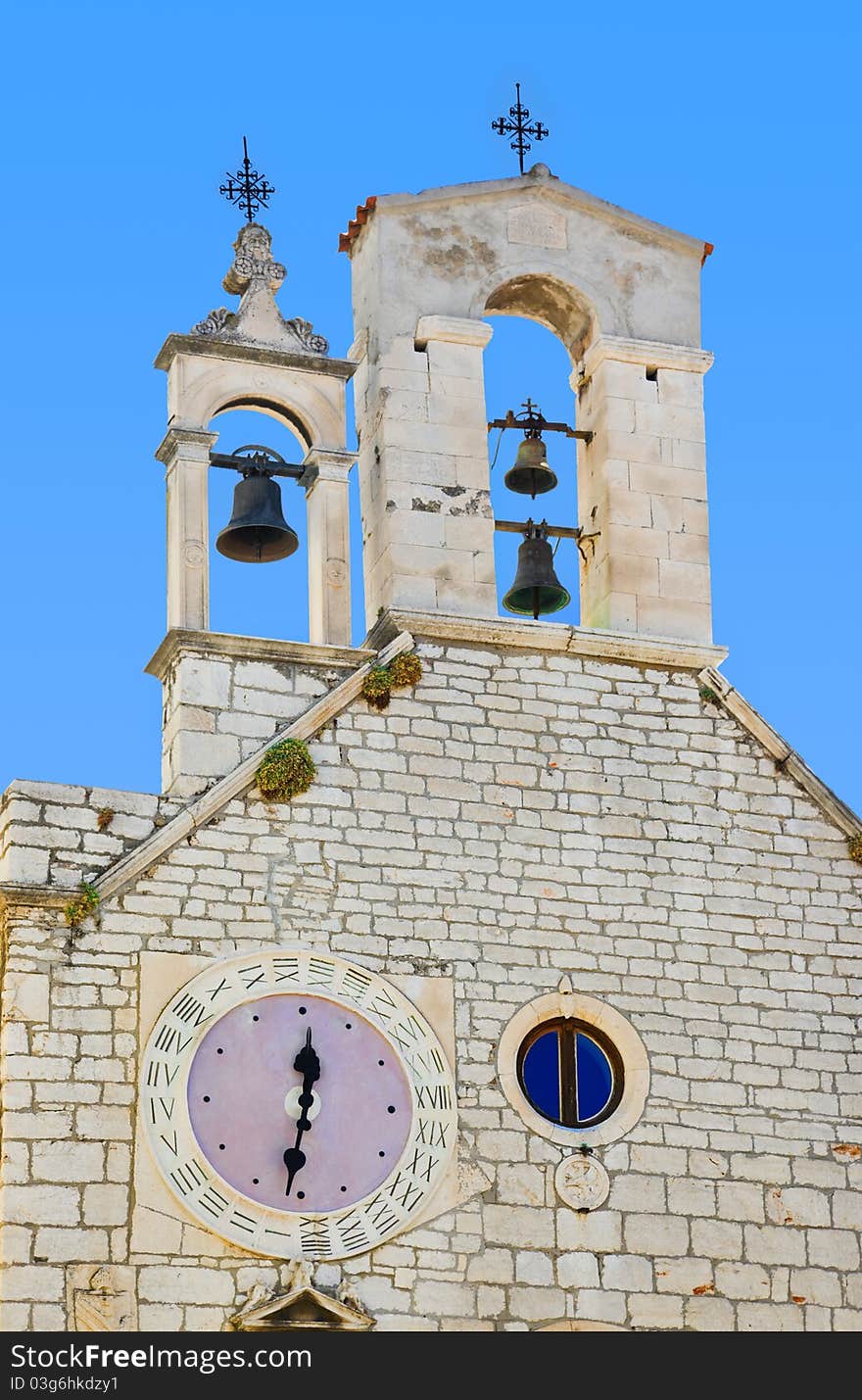 Bell tower with clock, Church of St. Barbara at Sibenik, Croatia