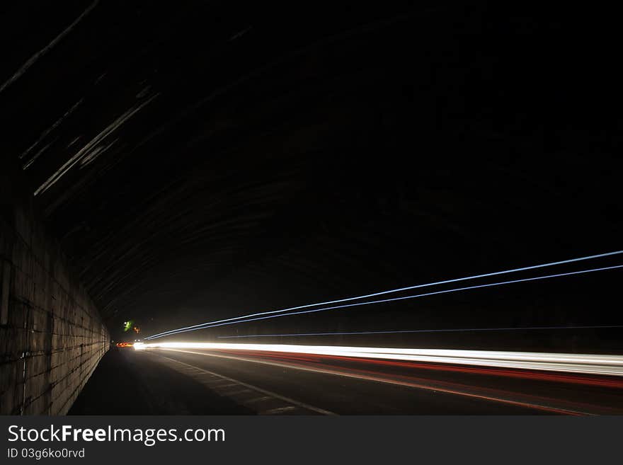 Car lights trails in a Veliko Trnovo tunnel