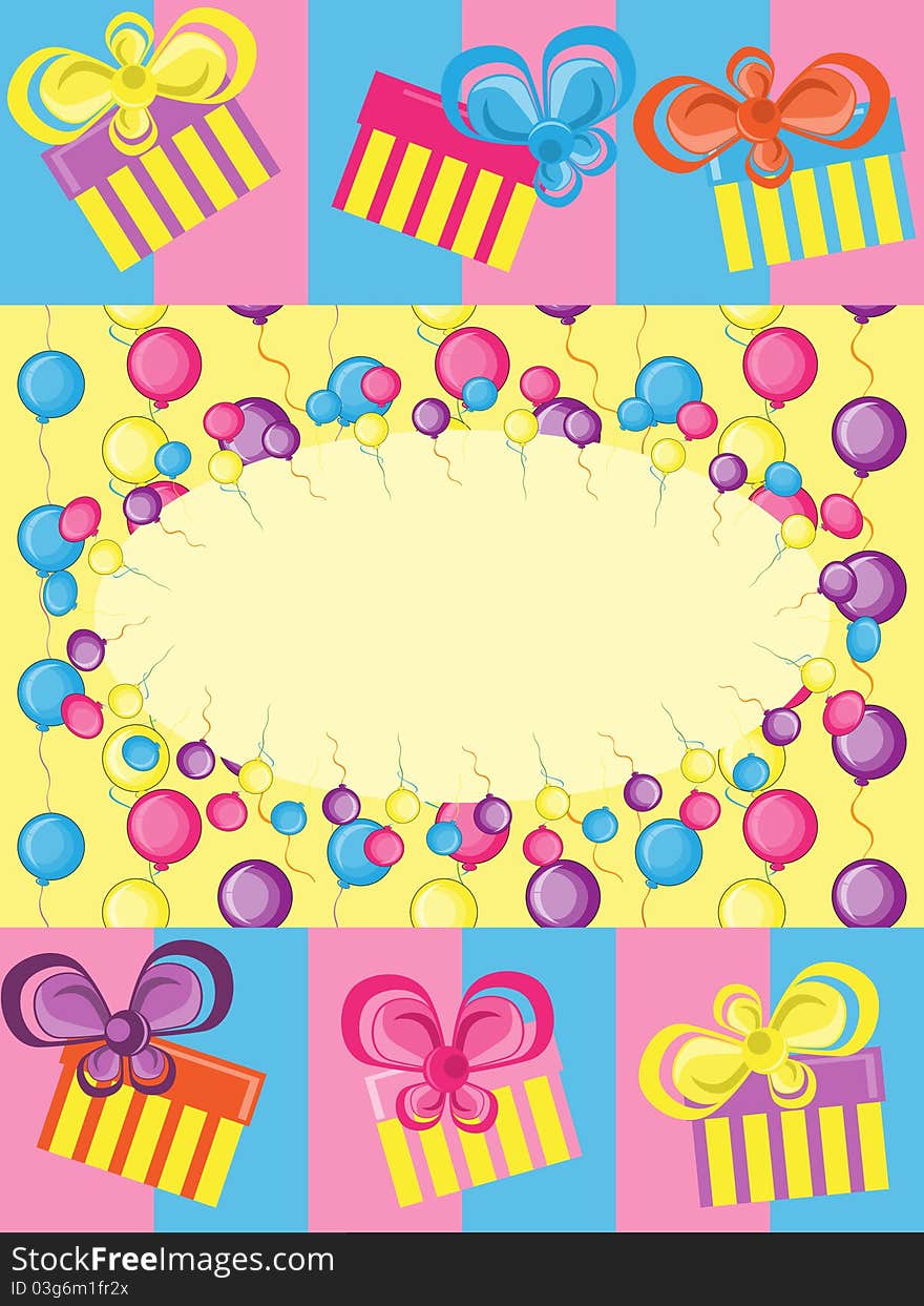 Greeting card with gifts and balloons. Greeting card with gifts and balloons