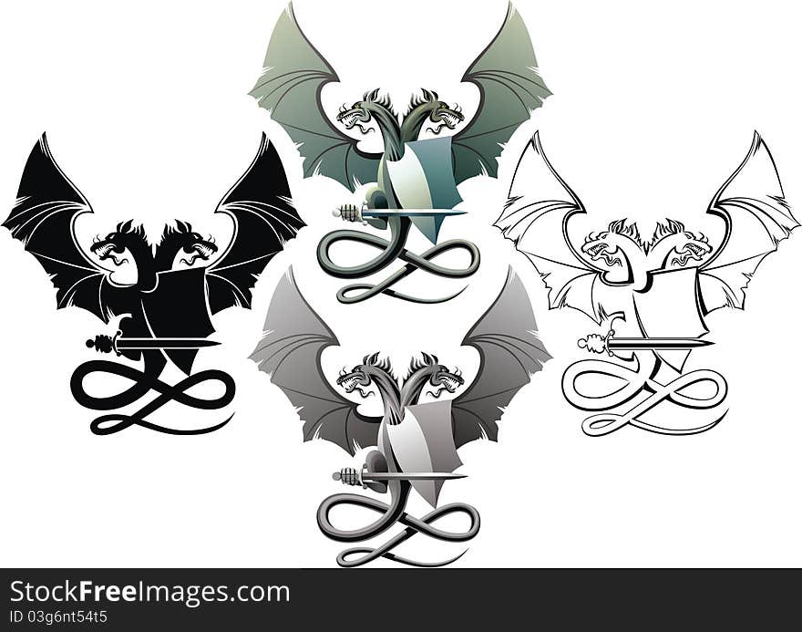 Heraldic composition with dragon, badge and sword. Heraldic composition with dragon, badge and sword.